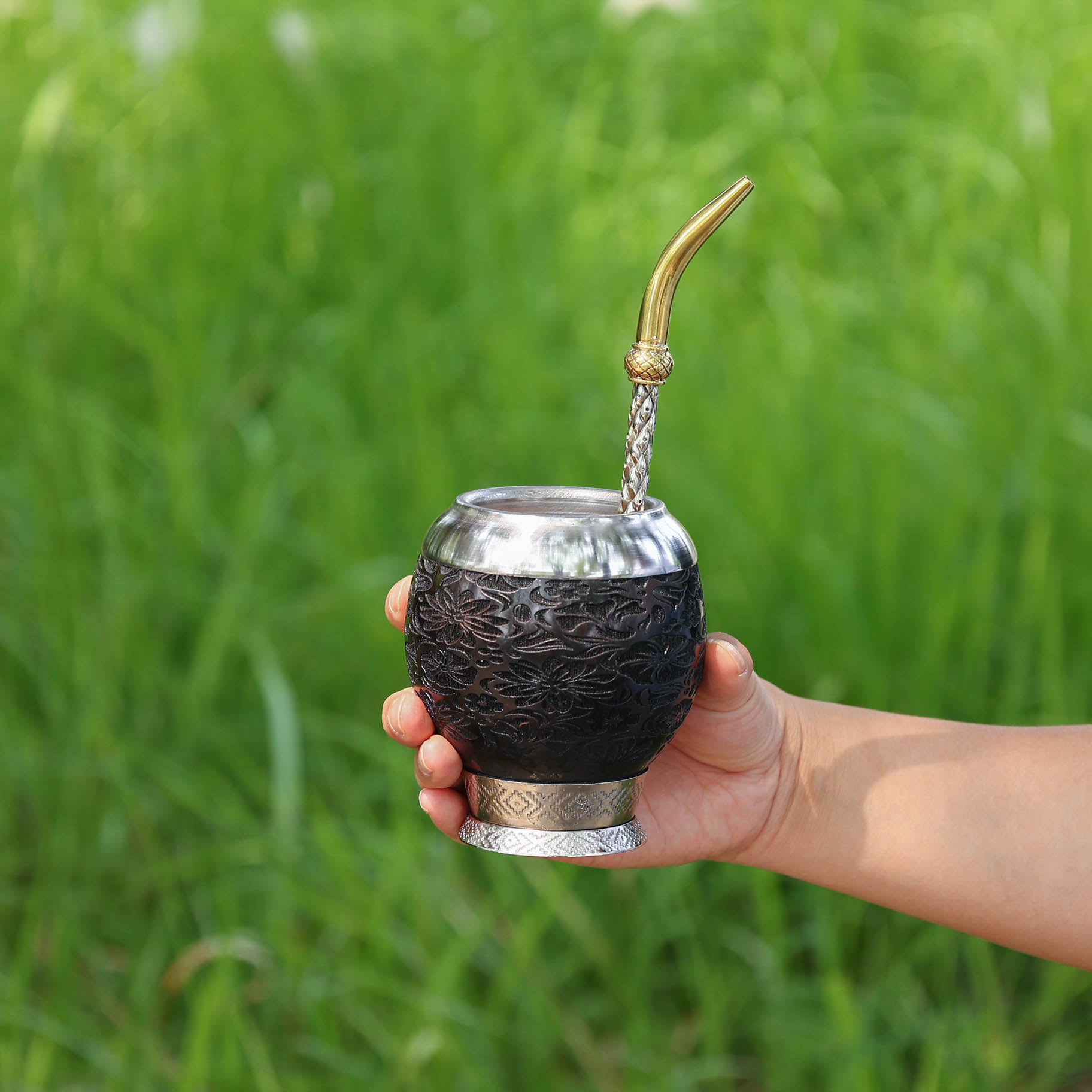 阿根廷全新马黛茶杯#88/（雕花葫芦杯）黑色